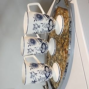 Tall Tea Cups Hot Toddies 3 Gorgeous Cobalt Blue and white Vintage Unique Handle